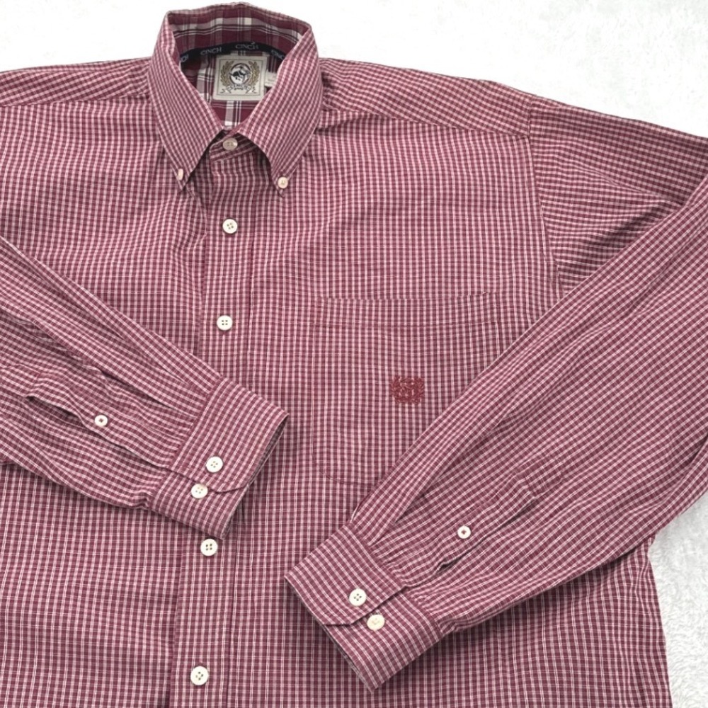 Cinch Mens Button Down Shirt M Burgundy Micro Check Long Sleeve Western Rodeo